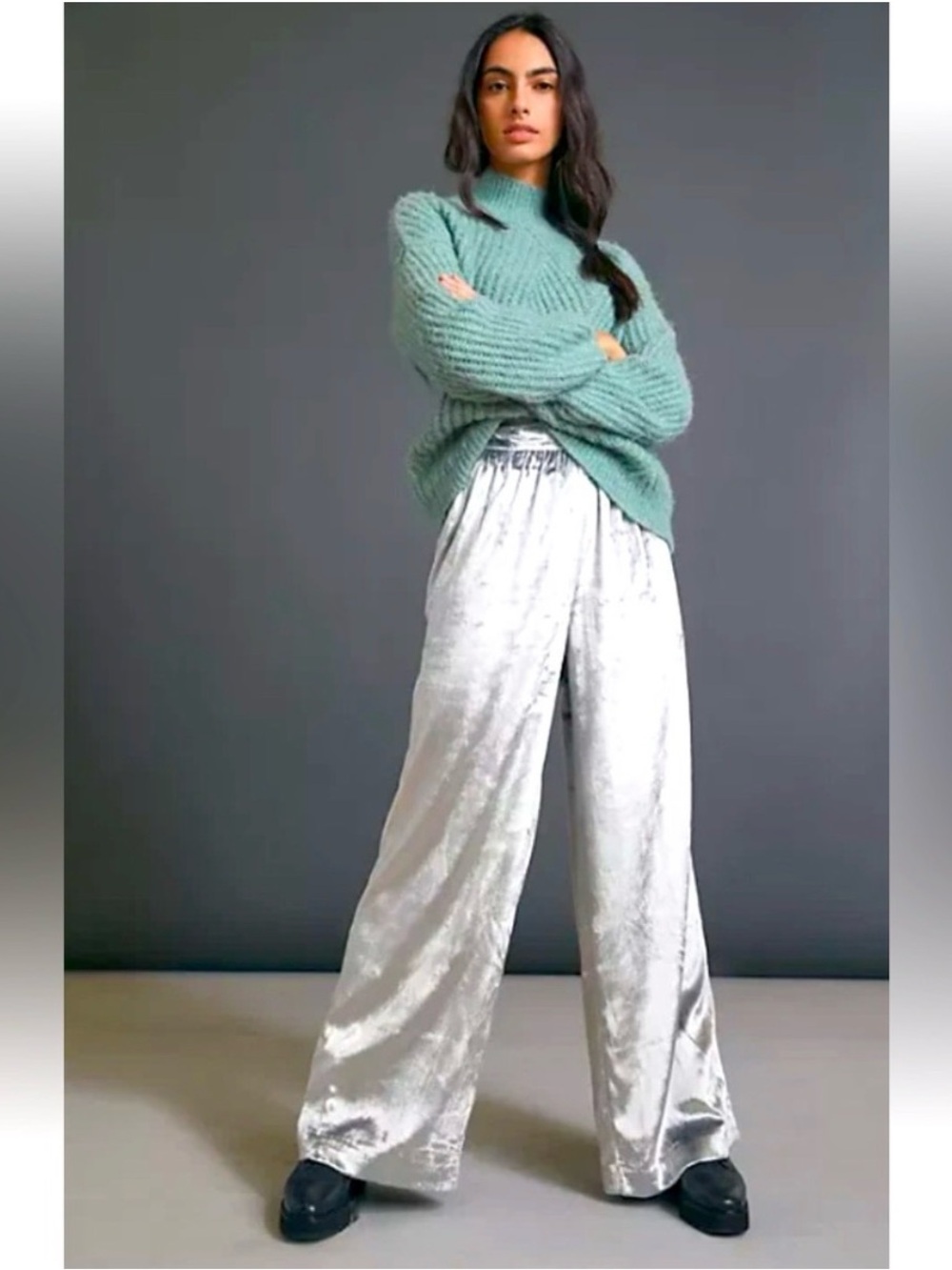 Maeve Silver Velvet Wide-Leg Pants